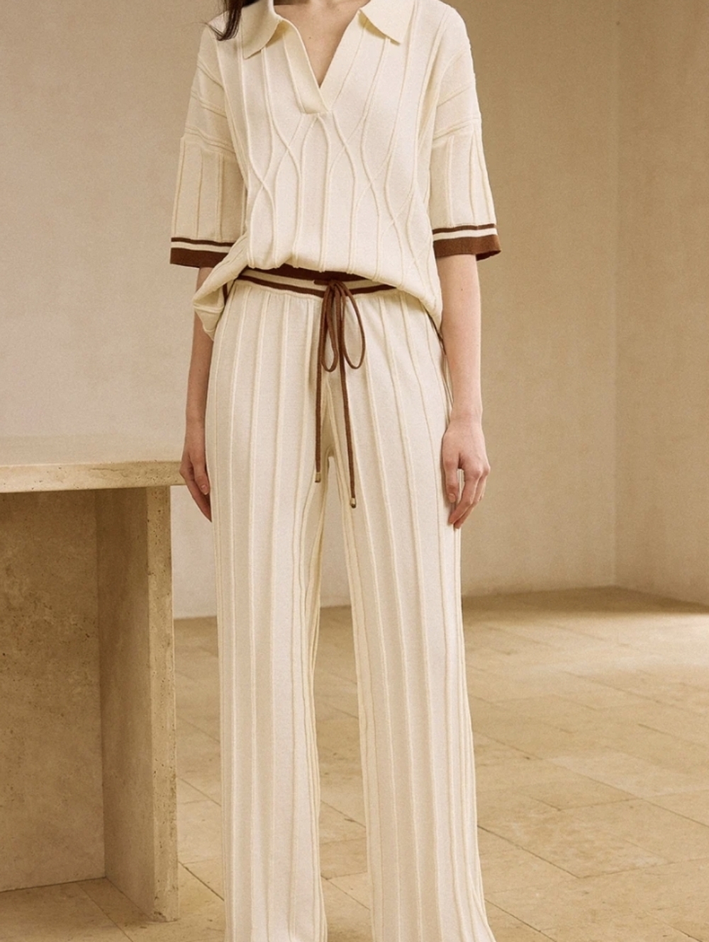 Commense Knit Contrast Trim Polo Top + Drawstring Wide-Leg Knit Pants Waist NWT